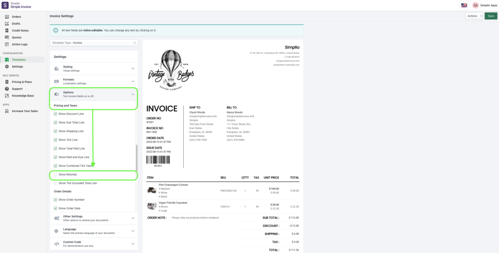 How can I hide refunded products on my invoices? Simplio Support