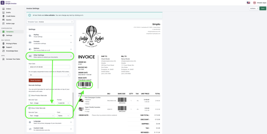 How can I display barcodes on my invoices? Simplio Support